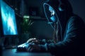 Masked hacker, working on computer. Conceptual illustration. Generative AI Royalty Free Stock Photo