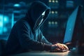 Masked hacker, working on computer. Conceptual illustration. Generative AI Royalty Free Stock Photo