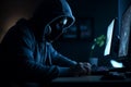 Masked hacker, working on computer. Conceptual illustration. Generative AI Royalty Free Stock Photo