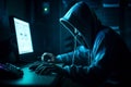 Masked hacker, working on computer. Conceptual illustration. Generative AI Royalty Free Stock Photo