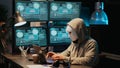Masked hacking thief stealing information from database server Royalty Free Stock Photo