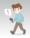 Masked man sees alert symbol on smartphone