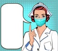 Masked nurse points to retro style pop art message illustration