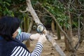 Masked phytologist checking trunk of fig tree