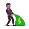 A masked robber drags a bag of money. Bank robbery. Royalty Free Stock Photo