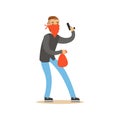 Masked robber holding a gun and carrying an orange bag, robbery colorful character vector Illustration