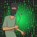 Masked robber with a puller on digital stream background. Hacker with the puller. Comic vector illustration.