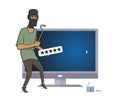 Masked robber with a puller hacking computer. Robber hacked computer password with pry bar. Comic vector illustration