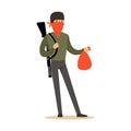 Masked robber with rifle on his shoulder carrying a bag, robbery colorful character vector Illustration Royalty Free Stock Photo