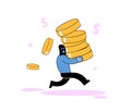 Masked robber running away with a stack of coins. Flat vector illustration. Isolated on white background.