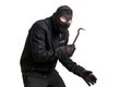 Masked thief in balaclava with crowbar isolated on white Royalty Free Stock Photo