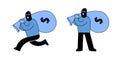 Masked thief or bank robber carrying a sack of money and running away, Cartoon character set of two. Flat vector