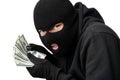 Masked thief counting money isolated over white wall Royalty Free Stock Photo