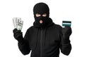 Masked thief showing money isolated over white wall Royalty Free Stock Photo