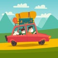 Masked tourist family going home vector illustration