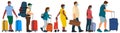 Masked tourists. Crowd of people with suitcases. Travel era of a pandemic COVID-19. Vector silhouette set