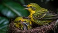 Masked weaver bird perching on branch, feeding hatchling generated by AI