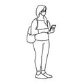 Masked woman searches for news about Covid-19 on the Internet in her phone. Monochrome vector illustration in simple