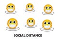 Masked yellow emoticons keep social distance due to virus