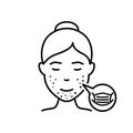 Maskne Concept. Facial Skin Irritation Line Icon. Comedo, Pimple, Allergic Cause Wear Medical Mask Outline Icon. Lady