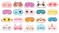 Masks for dreaming. Night mask with cute girl eyes, sleep quotes, panda, bear and cat faces. Cartoon animal mask for pajama print