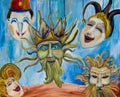 Venetian masks in the shop window - Oil painting on canvas - Royalty Free Stock Photo