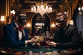 Masks of Mystery: Rich Men Unveil Their Cards in a Poker Match at a Luxe Casino Affair AI Generated.