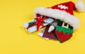 Masks, passport and santa hat.