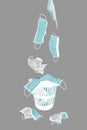 Hand drawn vector illustration of crumpled, worn, used surgical face masks being thrown away into a trash bin