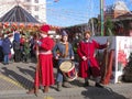 Maslenitsa holiday, street actors with ancient Russian weapons