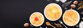 Maslenitsa pancakes horizontal illustration with plates of fried tasty blinis raw eggs and wheat spikelets realistic vector
