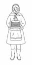 Maslenitsa or Shrovetide. Line art. Woman with pancakes and Russian tradition clothes