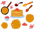 Vector set of hand-drawn elements for Maslenitsa-pancakes and caviar