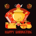 Maslenitsa or Shrovetide vector greeting card in flat style on dark background