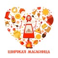 Maslenitsa or Shrovetide vector greeting card in heart shape in flat style isolated on white background