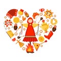 Maslenitsa or Shrovetide vector greeting card in heart shape in flat style isolated on white background