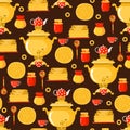 Maslenitsa or Shrovetide vector seamless pattern in flat style on brown background