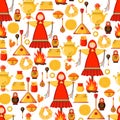 Maslenitsa or Shrovetide vector seamless pattern in flat style isolated on white background