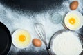 Maslenitsa is a traditional holiday in February . Ingredients for baking pancakes-eggs, flour, egg beater, oil, pan on a dark Royalty Free Stock Photo