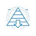 Maslow pyramid with top to bottom level vector line icon. Triangle sections an arrow down.