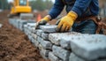 A mason builds retaining wall at construction site. Man in work gloves carefully places stones. Building process involves Royalty Free Stock Photo