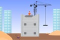 A mason constructing a building with his hand vector. Under construction site with a crane, buildings, and bricks. Building