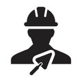 Mason icon with trowel vector male construction contractor worker person profile avatar with hardhat helmet in a glyph pictogram