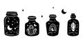 Mason jar clipart bundle, Celestial magic jar black and white glass bottles isolated items on white background, outline