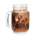 Mason jar of cold coffee on white background