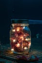 Mason Jar with fairy lights and dried red maple leaves