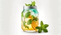 a mason jar filled with lemons, mint, and mints next to a glass of lemonade and a mint sprig. generative ai