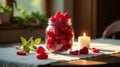 A mason jar filled with numerous red heart-shaped objects, adorned with a single rose stem and lit candle on a table. Generative Royalty Free Stock Photo