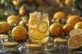 A mason jar filled with sparkling homemade lemonade, garnished with fresh lemon slices and rosemary, amidst whole and Royalty Free Stock Photo