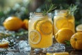 A mason jar filled with sparkling homemade lemonade, garnished with fresh lemon slices and rosemary, amidst whole and Royalty Free Stock Photo